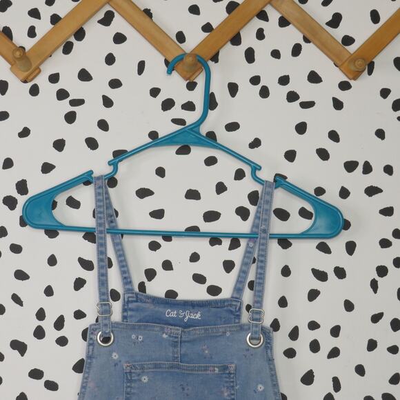 Cat & Jack Light Wash Denim Floral Print Pinafore Girls Overall Dress - Picture 2 of 6